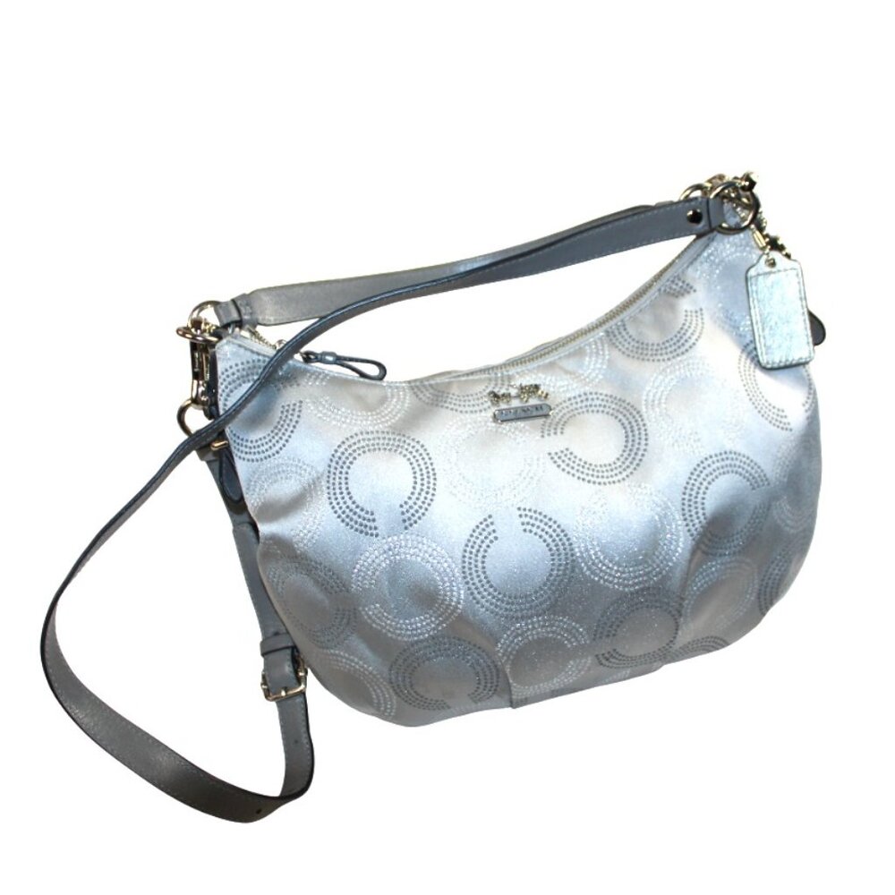 Coach Madison Two Tone Silver Sateen Dotted Opti-Art Hobo Convertible Shoulder - Picture 3 of 12